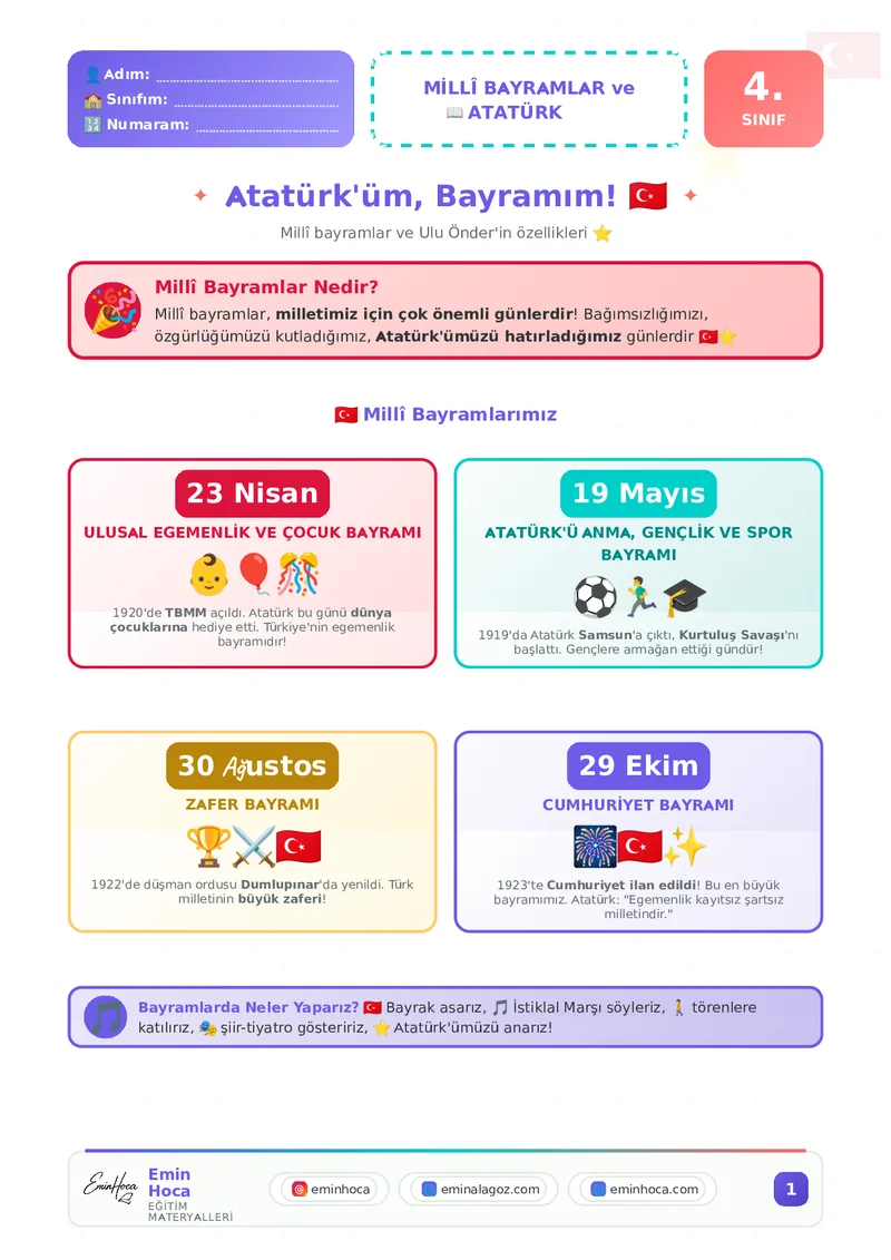 4. SINIF MİLLİ BAYRAMLAR VE ATATÜRK KONU ANLATIMI VE ÇALIŞMA KAĞIDI PDF İNDİR önizleme