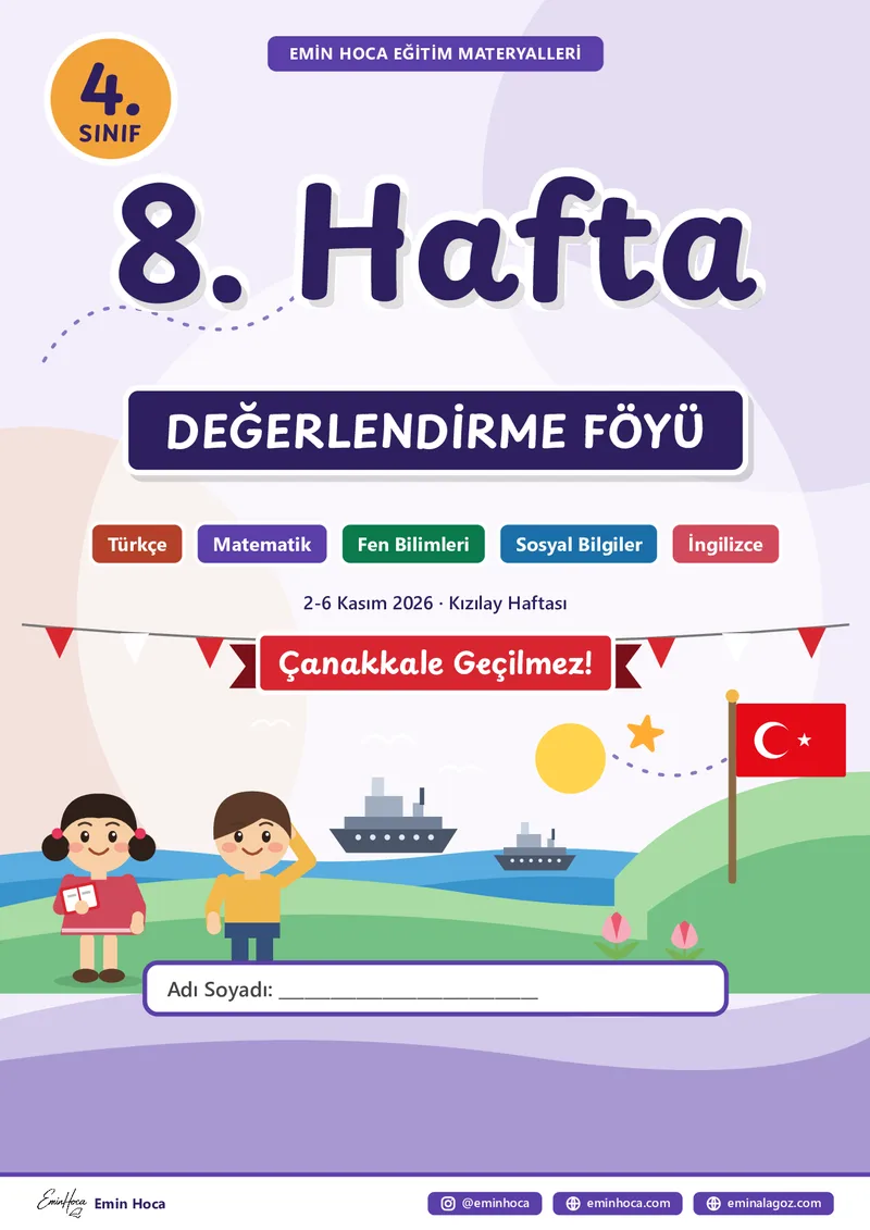 4. Sınıf 8. Hafta Tüm Dersler Yeni Nesil Test PDF — Türkçe + Matematik + Fen Bilimleri + Sosyal Bilgiler + İngilizce Çoktan Seçmeli İndir önizleme
