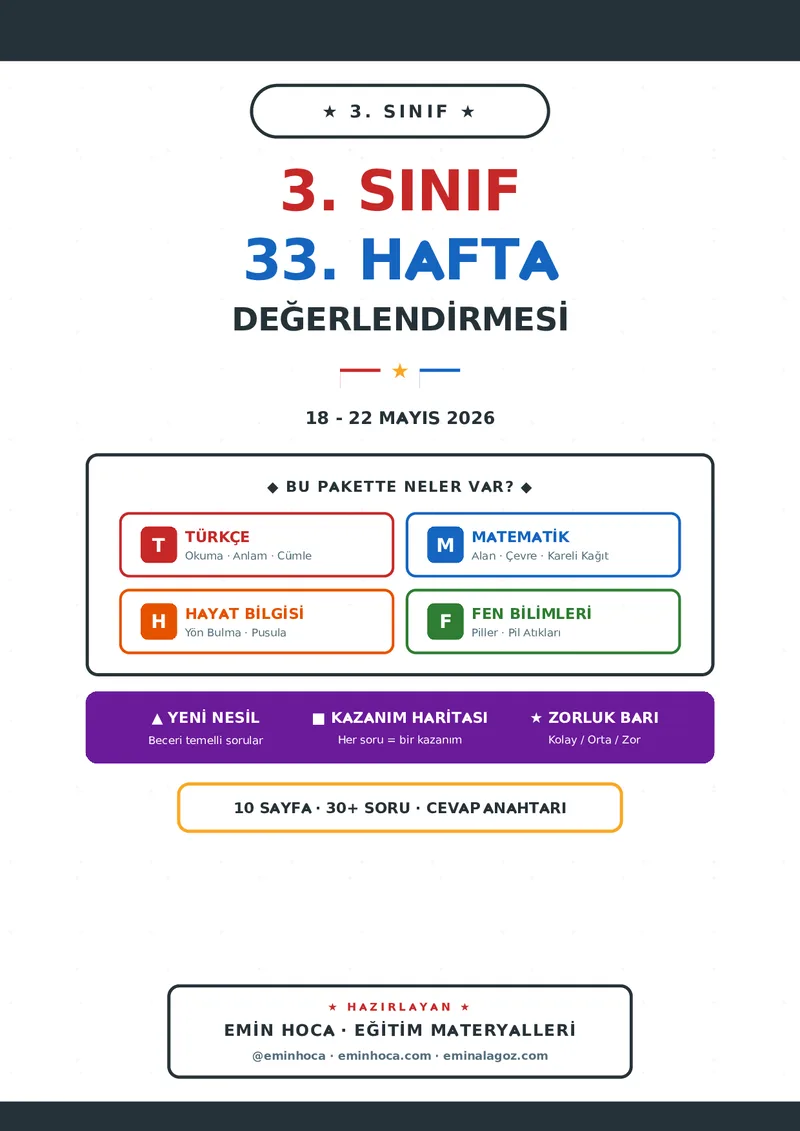 🎯 3. Sınıf 33. Hafta Haftalık Değerlendirme | Türkçe-Matematik-Hayat-Fen | Yeni Nesil Sorular + Cevap Anahtarı | 10 Sayfa önizleme