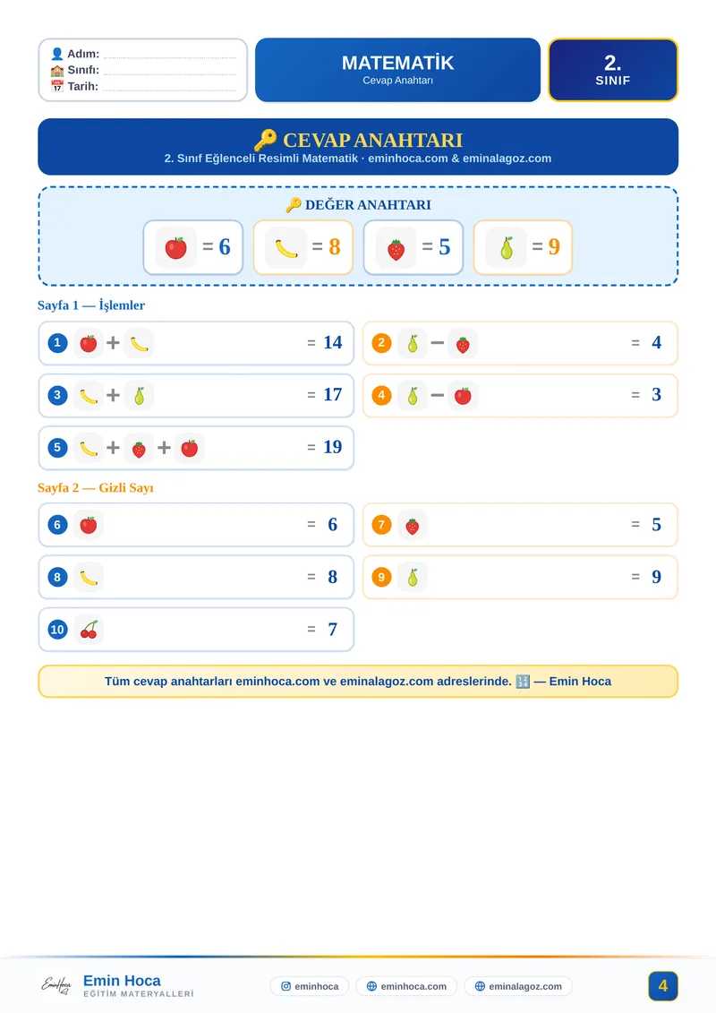 2. Sınıf Resimli Matematik Etkinliği | Toplama Çıkarma Görselli Problemler PDF — CEVAP ANAHTARI İndir önizleme