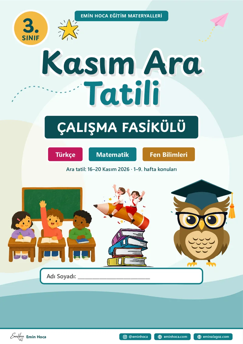 3. Sınıf Kasım Ara Tatili Çalışma Fasikülü PDF — Türkçe + Matematik + Fen Bilimleri Tatil Ödevi ve Tekrar Föyü İndir önizleme