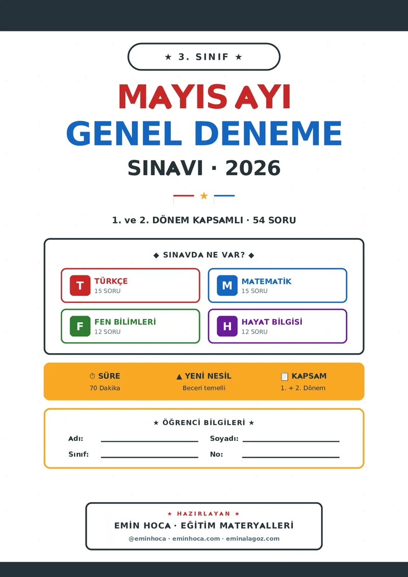 3. Sınıf Mayıs Ayı Genel Deneme Sınavı (Cevap Anahtarlı) — 2026 önizleme