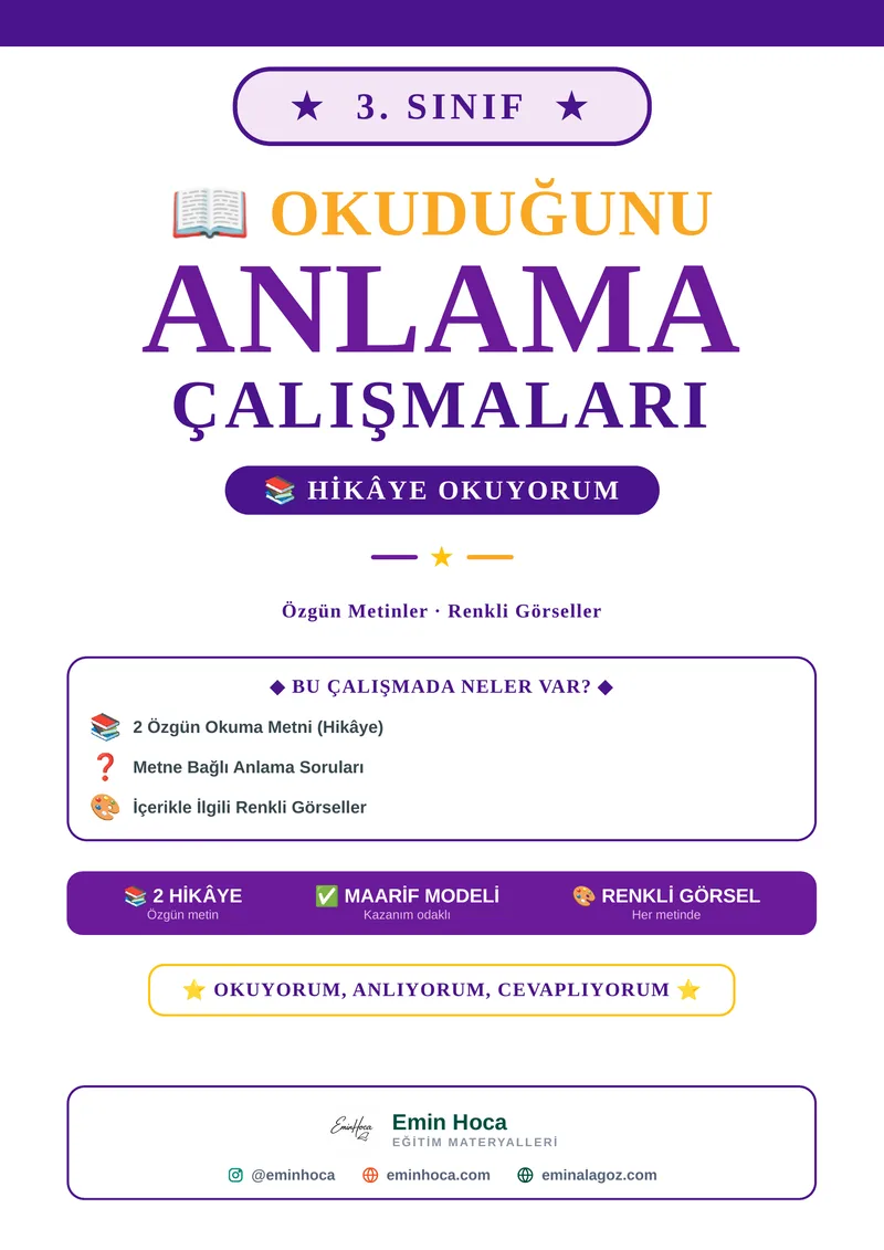 3. Sınıf Okuduğunu Anlama Çalışmaları | Özgün Metinler ve Renkli Görseller PDF (Maarif Modeli) önizleme