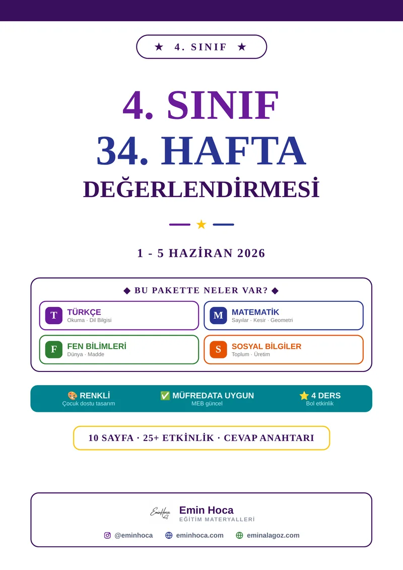 4. Sınıf 34. Hafta Değerlendirmesi PDF İndir | Türkçe Matematik Fen Sosyal önizleme