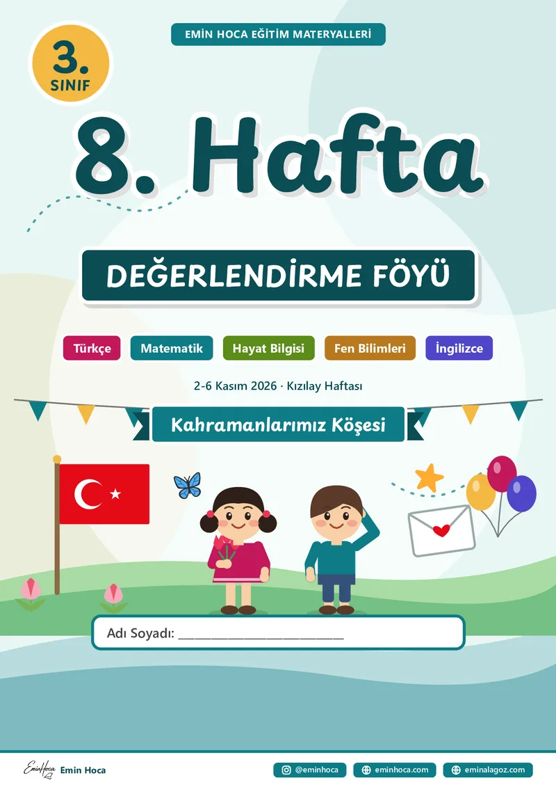 3. Sınıf 8. Hafta Tüm Dersler Yeni Nesil Test PDF — Türkçe + Matematik + Hayat Bilgisi + Fen Bilimleri + İngilizce Çoktan Seçmeli İndir önizleme