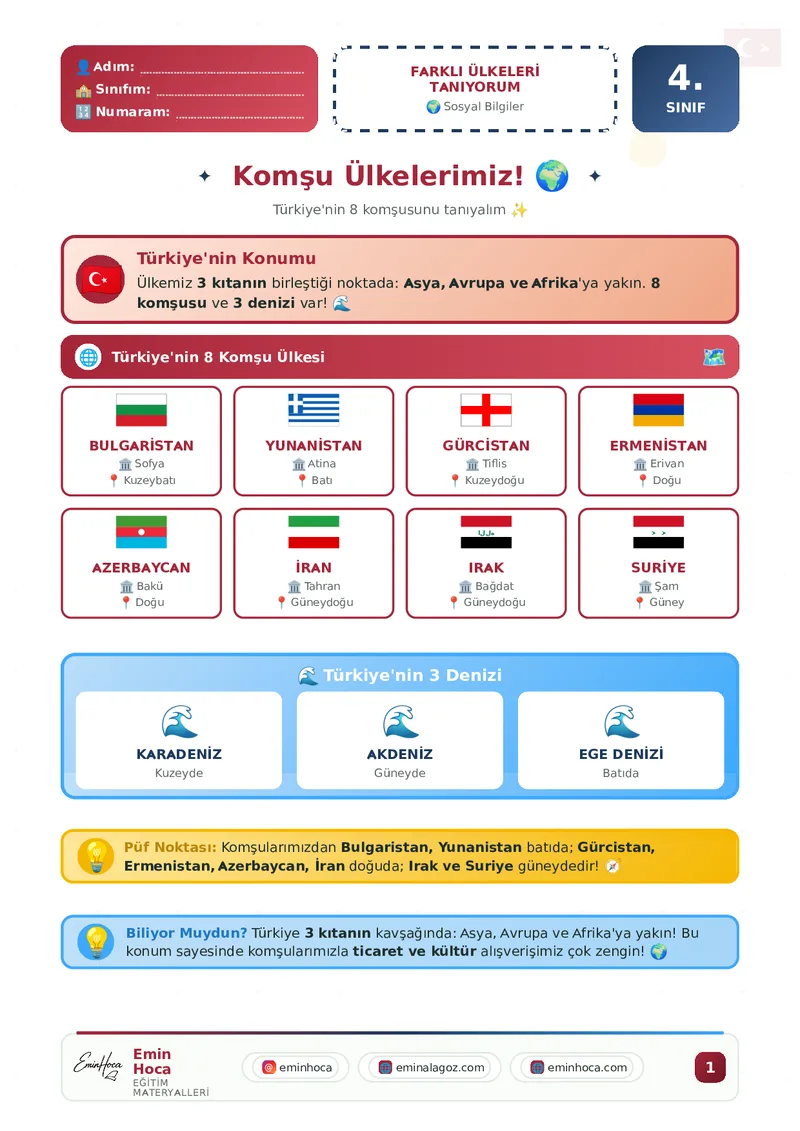 4. SINIF SOSYAL BİLGİLER KOMŞU ÜLKELERİMİZ KONU ANLATIMI VE ÇALIŞMA YAPRAĞI PDF İNDİR önizleme