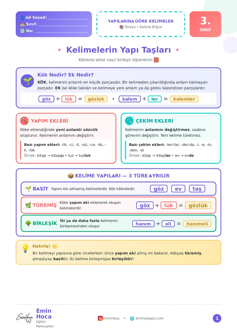 3. SINIF BASİT, TÜREMİŞ VE BİRLEŞİK KELİMELER PDF ÇALIŞMA KAĞIDI İNDİR önizleme